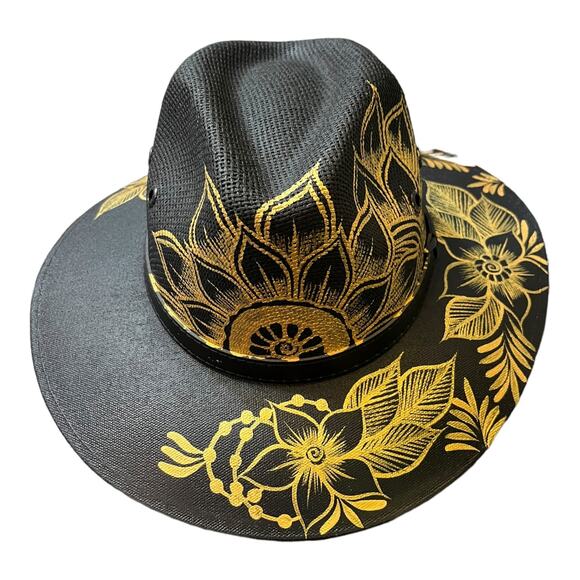 HAT MEXICAN Artisanal Hand Painted Fedora Floral Sombrero Panama Bohemian Black main image 12